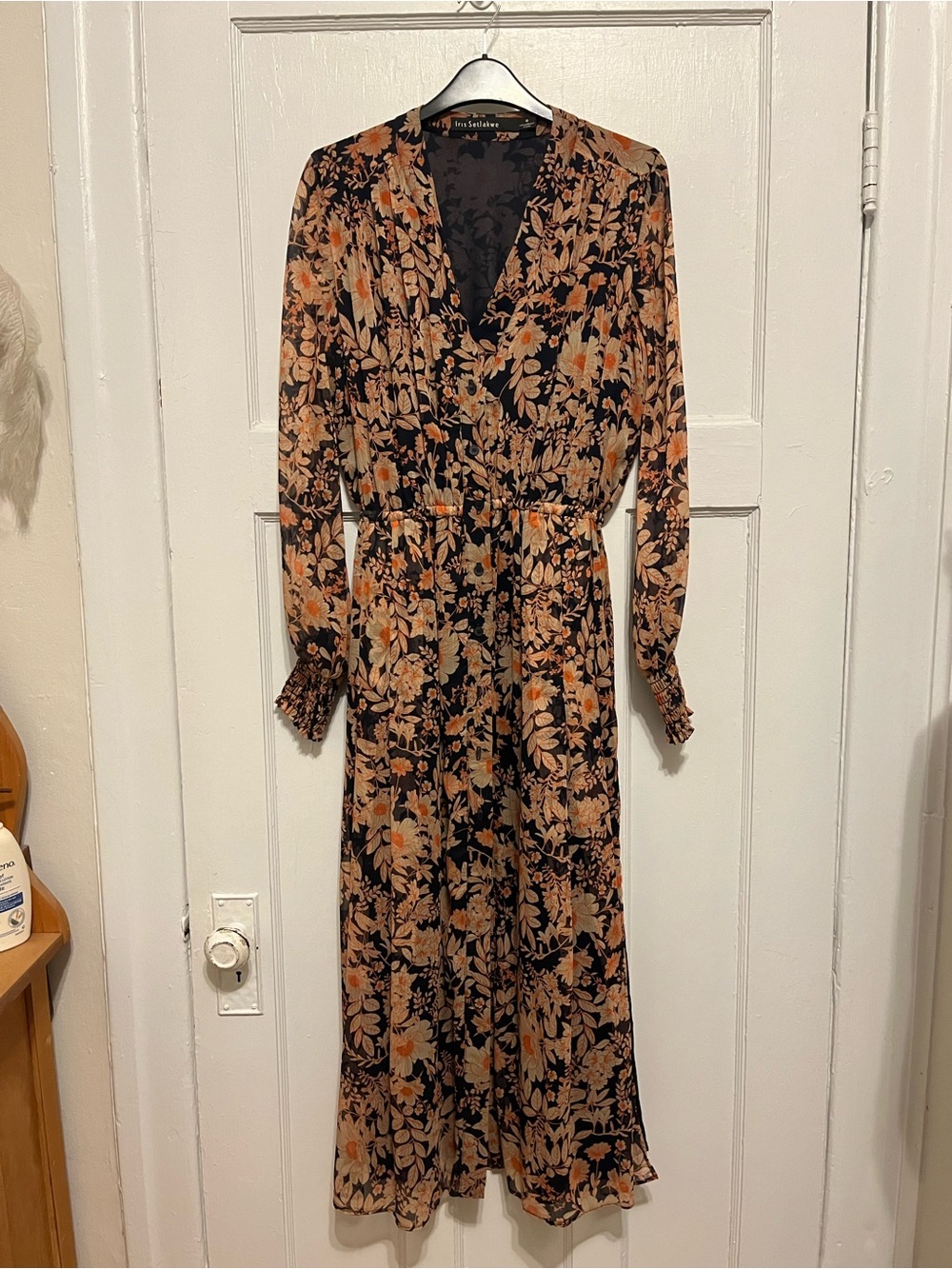 Iris Setlakwe Navy and Orange Floral Long-Sleeve Maxi Dress